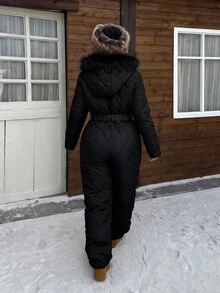SHEIN Tall CURVE Plus Size Winter Comfortable Zipper Long Sleeve Hooded Jumpsuit - Black - View 3