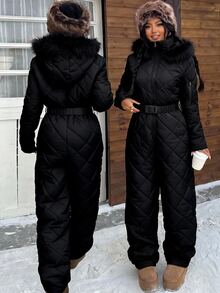 SHEIN Tall CURVE Plus Size Winter Comfortable Zipper Long Sleeve Hooded Jumpsuit - Black - View 8
