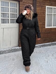 SHEIN Tall CURVE Plus Size Winter Comfortable Zipper Long Sleeve Hooded Jumpsuit - Black - View 5