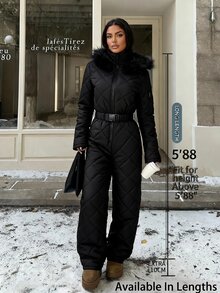 SHEIN Tall CURVE Plus Size Winter Comfortable Zipper Long Sleeve Hooded Jumpsuit - Black - View 2