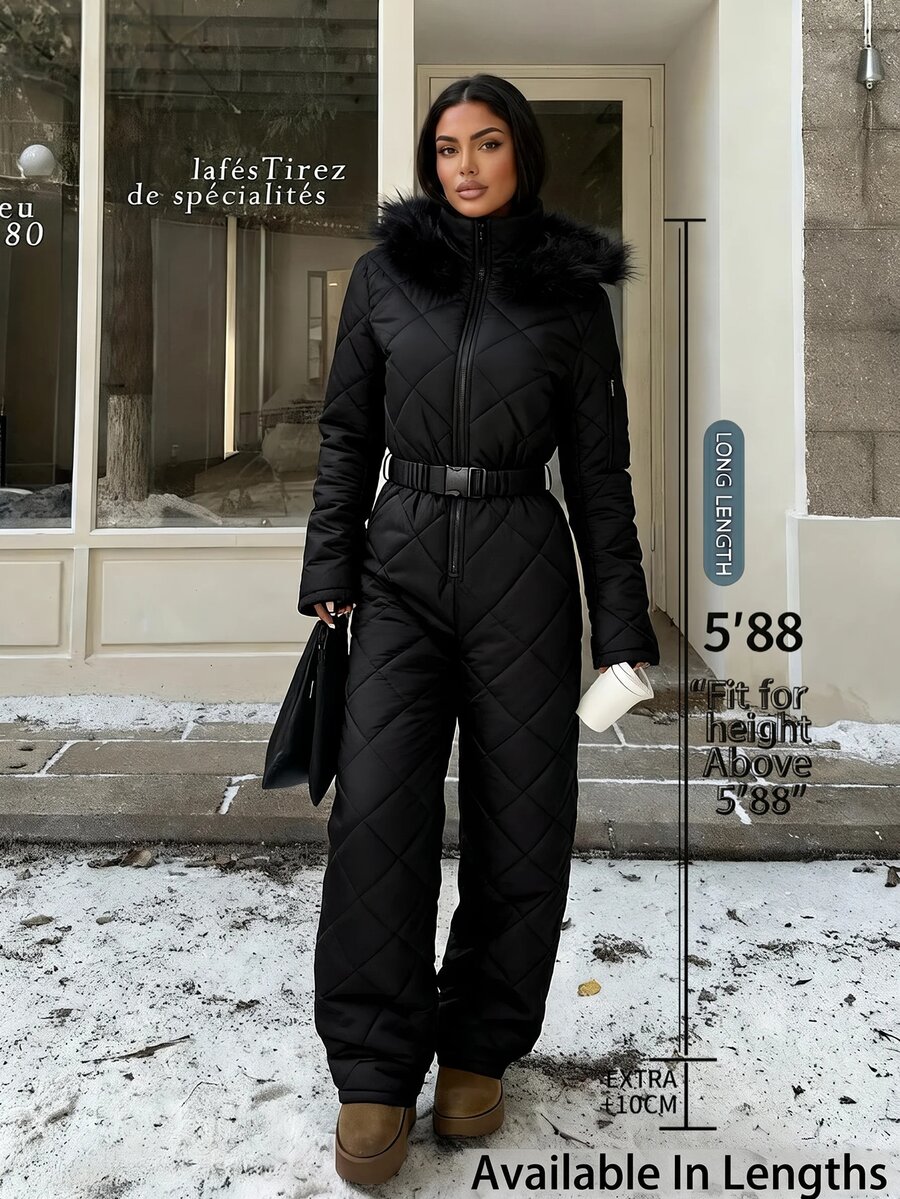 SHEIN Tall CURVE 大尺碼冬季舒適拉鍊長袖連帽連身褲 - 黑色 - 查看 1