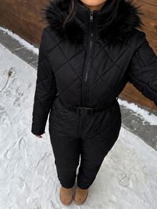 SHEIN Tall CURVE Plus Size Winter Comfortable Zipper Long Sleeve Hooded Jumpsuit - Black - View 9
