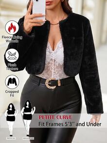 SHEIN Tall CURVE جاكيت فرو صناعي بأكمام طويلة موضة الشارع مقاس كبير - الأسود - مشاهدة 1