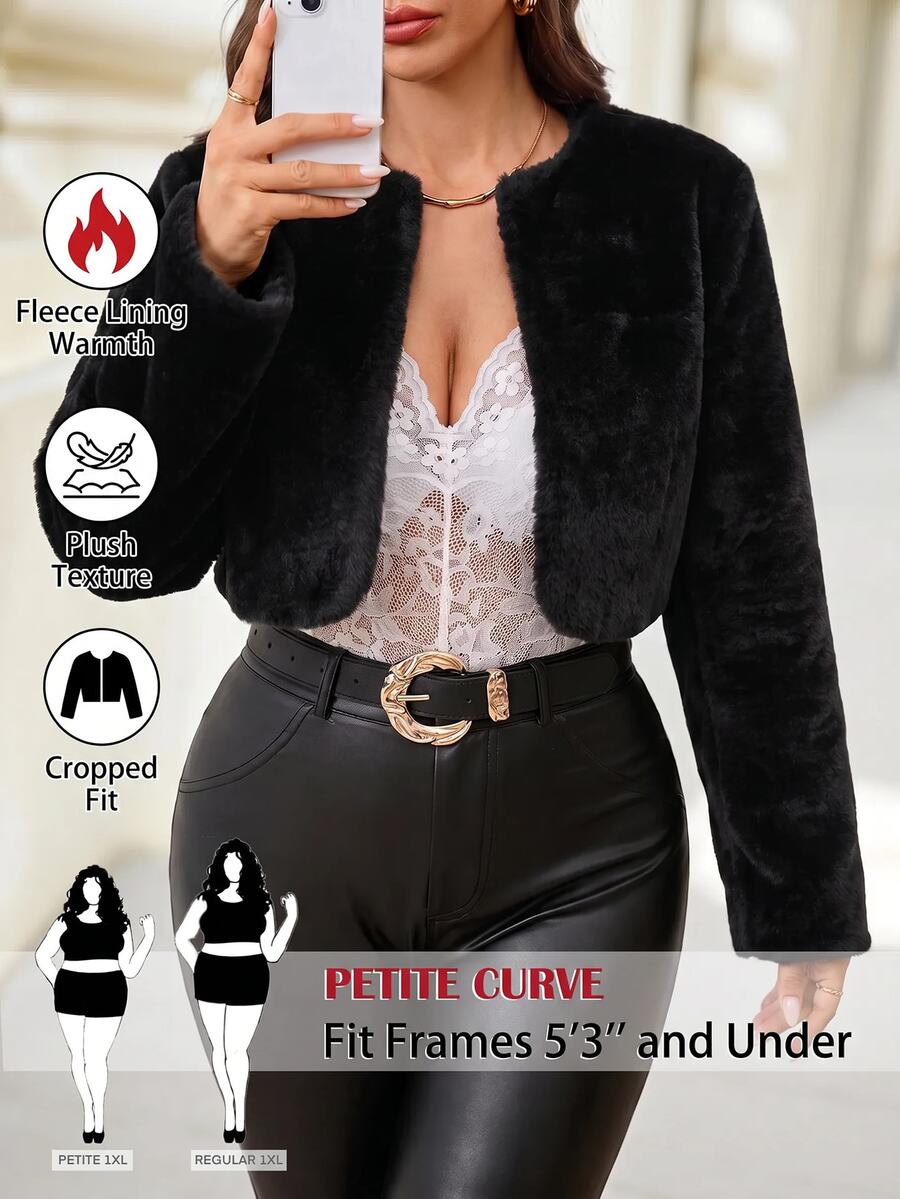 SHEIN Tall CURVE جاكيت فرو صناعي بأكمام طويلة موضة الشارع مقاس كبير - الأسود - مشاهدة 1