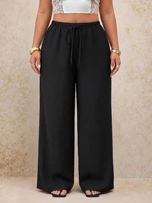 SHEIN PETITE CURVE 大尺碼女款純色腰部綁帶寬腿寬鬆長褲 - 黑色 - 查看 10