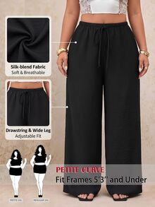 SHEIN PETITE CURVE 大尺碼女款純色腰部綁帶寬腿寬鬆長褲 - 黑色 - 查看 2