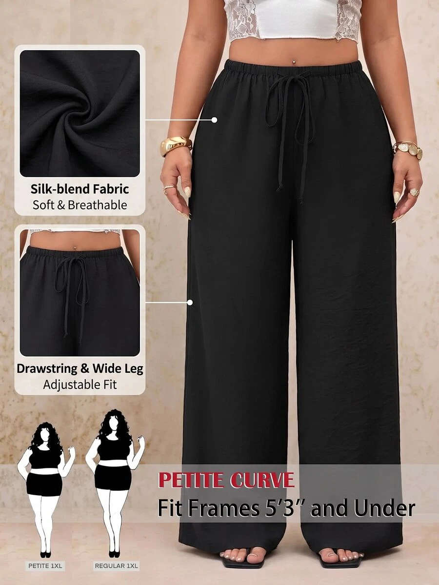 SHEIN PETITE CURVE Plus Size Women's Solid Color Waist Tie Wide Leg Loose Long Pants - Black - View 1