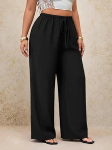 SHEIN PETITE CURVE 大尺碼女款純色腰部綁帶寬腿寬鬆長褲 - 黑色 - 查看 11