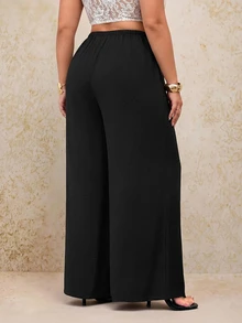 SHEIN PETITE CURVE 大尺碼女款純色腰部綁帶寬腿寬鬆長褲 - 黑色 - 查看 9