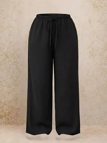 SHEIN PETITE CURVE 大尺碼女款純色腰部綁帶寬腿寬鬆長褲 - 黑色 - 查看 8