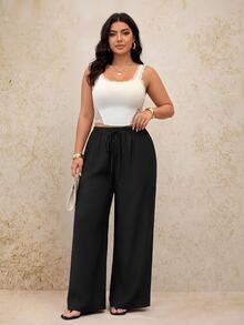 SHEIN PETITE CURVE 大尺碼女款純色腰部綁帶寬腿寬鬆長褲 - 黑色 - 查看 3