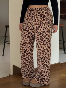 SHEIN Tall CURVE 大尺碼冬季豹紋保暖長褲 - 棕色 - 查看 8