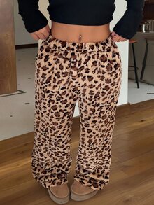 SHEIN Tall CURVE 大尺碼冬季豹紋保暖長褲 - 棕色 - 查看 7