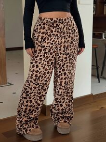 SHEIN Tall CURVE 大尺碼冬季豹紋保暖長褲 - 棕色 - 查看 5