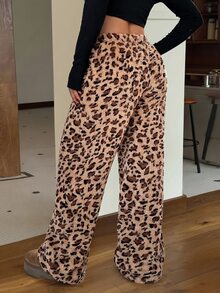 SHEIN Tall CURVE 大尺碼冬季豹紋保暖長褲 - 棕色 - 查看 4