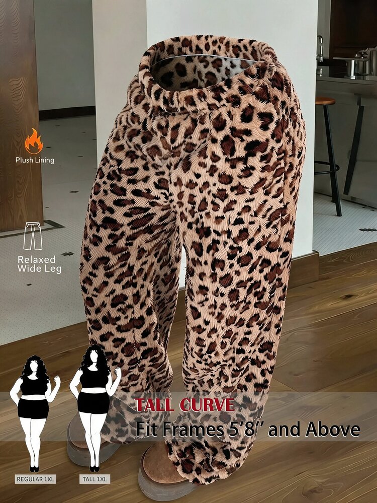 SHEIN Tall CURVE Plus Size Winter Leopard Print Warm Pants - Brown - View 9