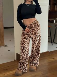 SHEIN Tall CURVE 大尺碼冬季豹紋保暖長褲 - 棕色 - 查看 2