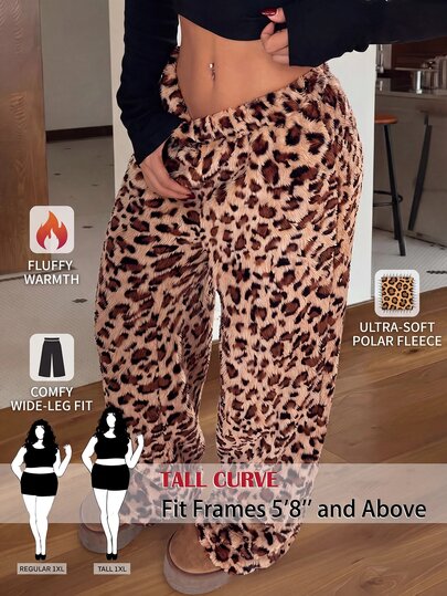 SHEIN Tall CURVE Plus Size Winter Leopard Print Warm Pants