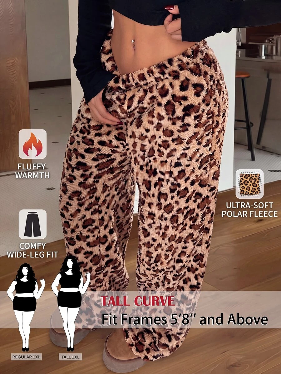 SHEIN Tall CURVE Plus Size Winter Leopard Print Warm Pants - Brown - View 1