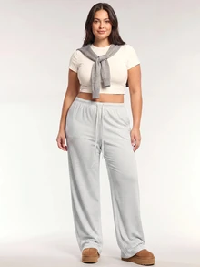 SHEIN PETITE CURVE 大尺碼女款條紋休閒百搭日常旅行長褲 - 白色 - 查看 6