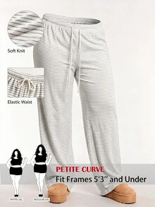 SHEIN PETITE CURVE 大尺碼女款條紋休閒百搭日常旅行長褲 - 白色 - 查看 3