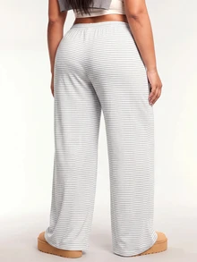SHEIN PETITE CURVE 大尺碼女款條紋休閒百搭日常旅行長褲 - 白色 - 查看 5