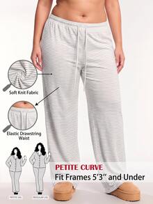 SHEIN PETITE CURVE 大尺碼女款條紋休閒百搭日常旅行長褲 - 白色 - 查看 2