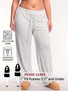 SHEIN PETITE CURVE 大尺碼女款條紋休閒百搭日常旅行長褲 - 白色 - 查看 1