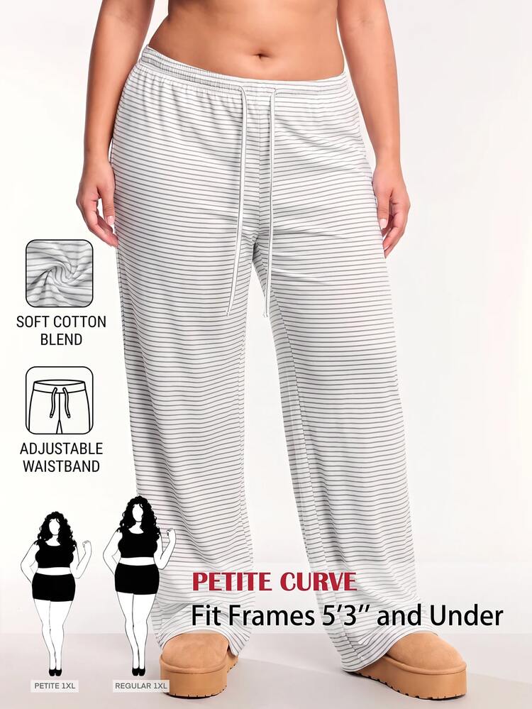 SHEIN PETITE CURVE Plus Size Women's Striped Casual Versatile Everyday Travel Long Pants - White - View 3