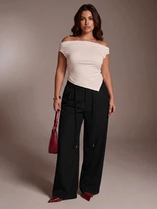 SHEIN PETITE CURVE 大尺碼女款純色休閒百搭日常穿著長褲 - 黑色 - 查看 7