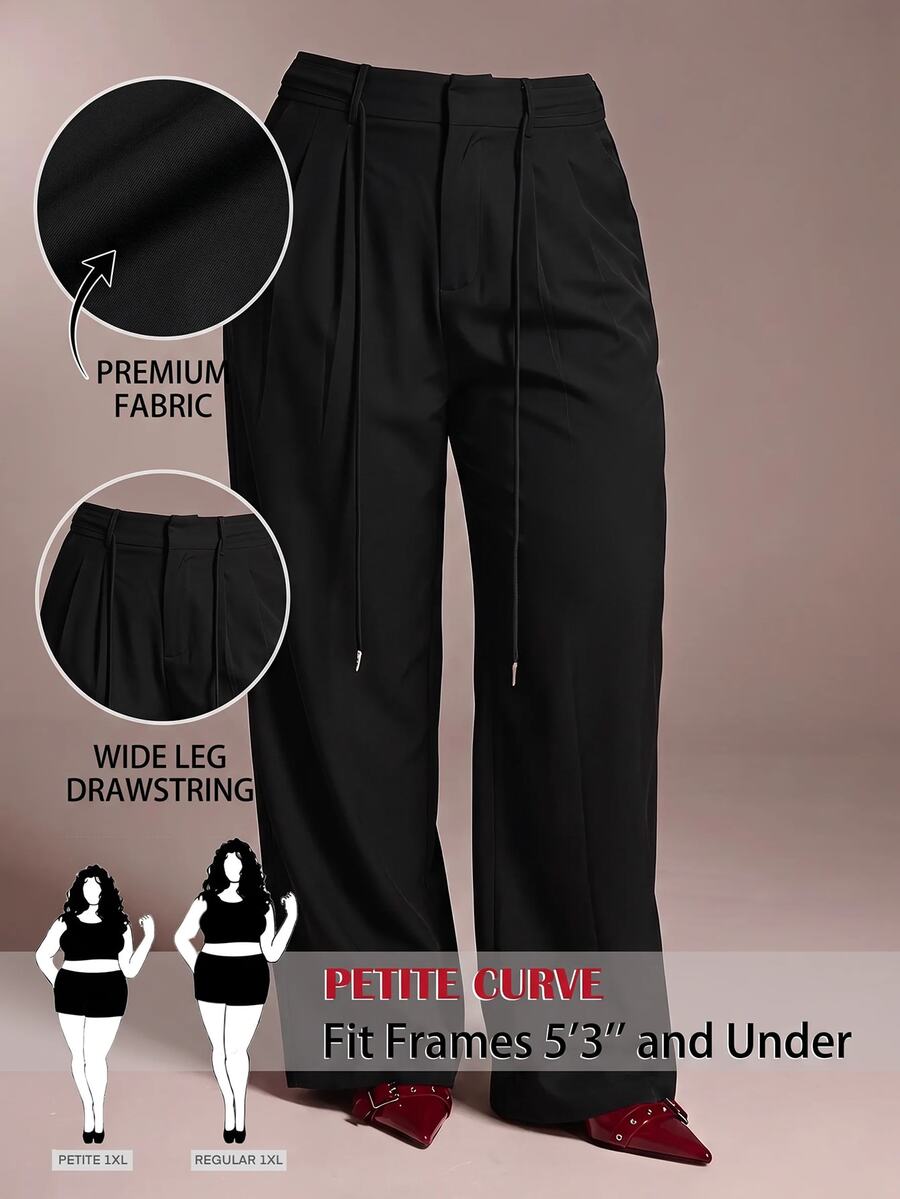 SHEIN PETITE CURVE 大尺碼女款純色休閒百搭日常穿著長褲 - 黑色 - 查看 1