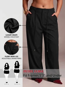 SHEIN PETITE CURVE 大尺碼女款純色休閒百搭日常穿著長褲 - 黑色 - 查看 2