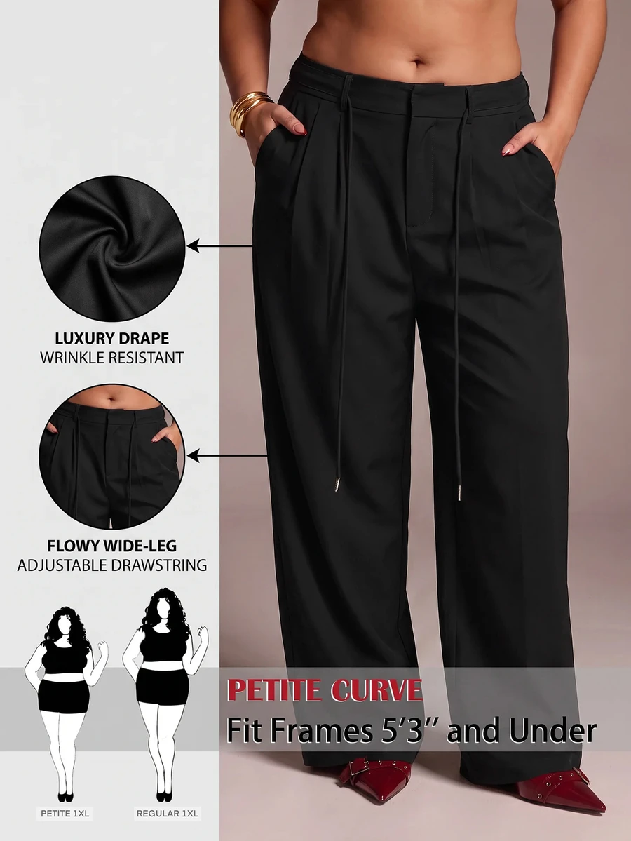 SHEIN PETITE CURVE Plus Size Women Solid Color Casual Versatile Daily Wear Long Pants - Black - View 1