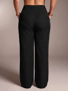 SHEIN PETITE CURVE 大尺碼女款純色休閒百搭日常穿著長褲 - 黑色 - 查看 6