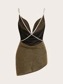 SHEIN ICON 性感低胸水钻装饰露背交叉开衩迷你连衣裙 - 金色 - 查看 2