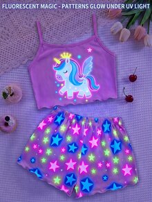 SHEIN 【4套/組，隨機發送2件】少女卡通獨角獸印花套裝 - 粉色 - 查看 4