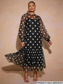 Vixey Polka Dot Tulle Ruffle Hem Sheer Mesh Balloon Sleeve Tunic Top, Cami Dress Under Not Included Fall - Black and White - View 1