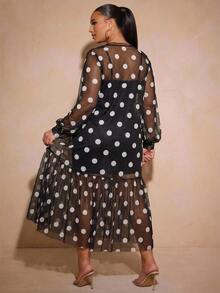 Vixey Polka Dot Tulle Ruffle Hem Sheer Mesh Balloon Sleeve Tunic Top, Cami Dress Under Not Included Fall - Black and White - View 2