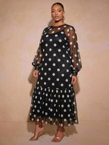 Vixey Polka Dot Tulle Ruffle Hem Sheer Mesh Balloon Sleeve Tunic Top, Cami Dress Under Not Included Fall - Black and White - View 4