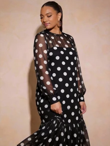Vixey Polka Dot Tulle Ruffle Hem Sheer Mesh Balloon Sleeve Tunic Top, Cami Dress Under Not Included Fall - Black and White - View 5