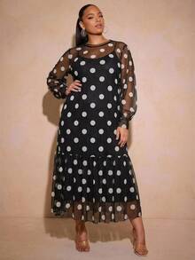 Vixey Polka Dot Tulle Ruffle Hem Sheer Mesh Balloon Sleeve Tunic Top, Cami Dress Under Not Included Fall - Black and White - View 3