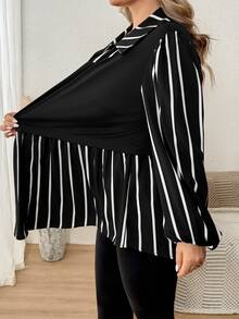 SHEIN CURVE+ Plus Size Women's Striped Patchwork Collar Long Sleeve Casual Shirt, Autumn/Winter Fall - Black - View 3