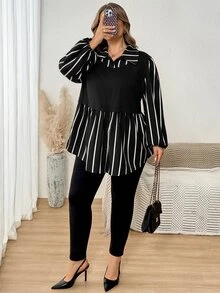SHEIN CURVE+ Plus Size Women's Striped Patchwork Collar Long Sleeve Casual Shirt, Autumn/Winter Fall - Black - View 4