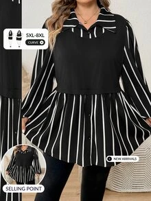 SHEIN CURVE+ Plus Size Women's Striped Patchwork Collar Long Sleeve Casual Shirt, Autumn/Winter Fall - Black - View 1