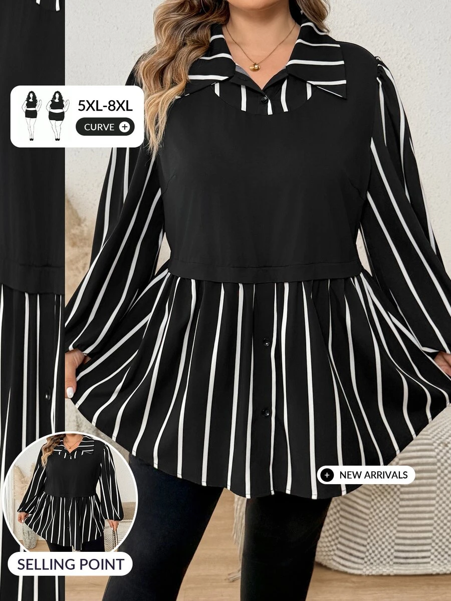 SHEIN CURVE+ Plus Size Women's Striped Patchwork Collar Long Sleeve Casual Shirt, Autumn/Winter Fall - Black - View 1