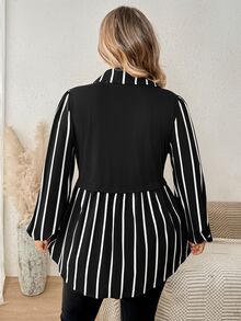 SHEIN CURVE+ Plus Size Women's Striped Patchwork Collar Long Sleeve Casual Shirt, Autumn/Winter Fall - Black - View 2