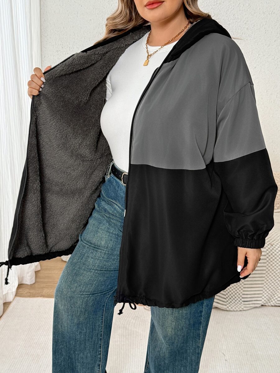SHEIN CURVE+ 大尺碼女款拼色連帽寬鬆夾克，秋冬款 - 彩色 - 查看 1