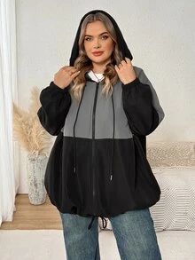 SHEIN CURVE+ 大尺碼女款拼色連帽寬鬆夾克，秋冬款 - 彩色 - 查看 7