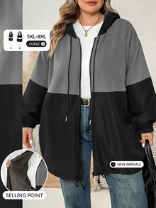 SHEIN CURVE+ 大尺碼女款拼色連帽寬鬆夾克，秋冬款 - 彩色 - 查看 3