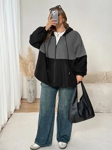 SHEIN CURVE+ 大尺碼女款拼色連帽寬鬆夾克，秋冬款 - 彩色 - 查看 2